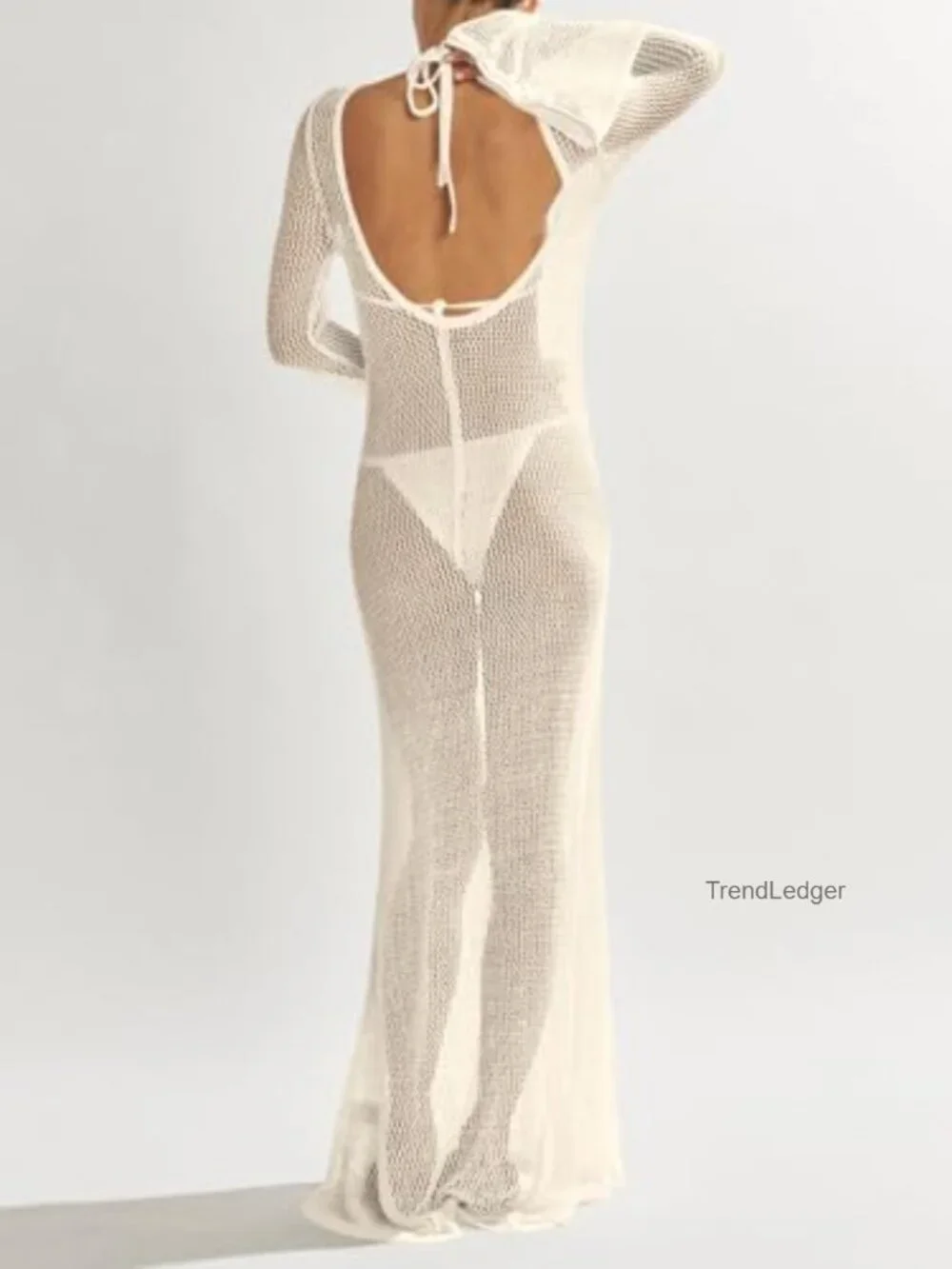 Crochet Long Sleeve Backless Beach Maxi Dress Cover Up